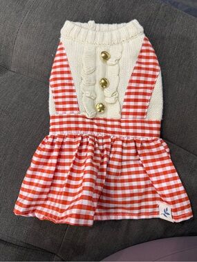 Harry Barker Puppy Cream Knit & Red Gingham Sundress with Gold Buttons